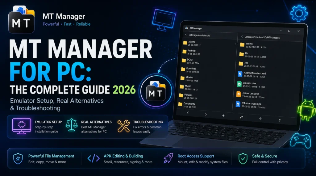 For PC 1 Illustration of MT Manager running on a Windows PC with a laptop screen, featuring emulator setup, PC alternatives, and troubleshooting guide for 2026.
