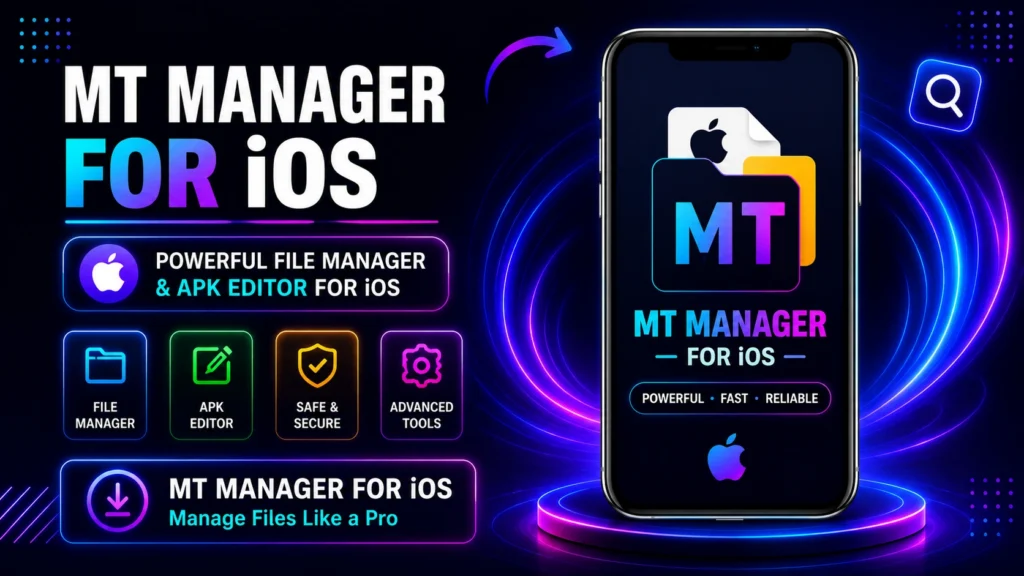 For iOS 1 MT Manager for iOS promotional banner featuring file manager, APK editor, safe and secure tools, and an iPhone app interface with a neon blue and purple design.