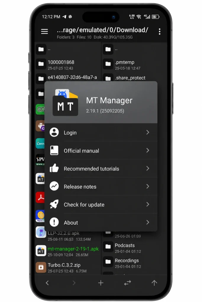 MT Manager app interface showing the dual-panel file manager and APK management tools on Android
