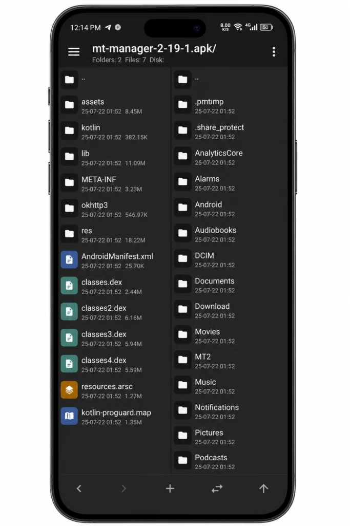 MT Manager APK file browser interface showing Android folders and dual-panel file management