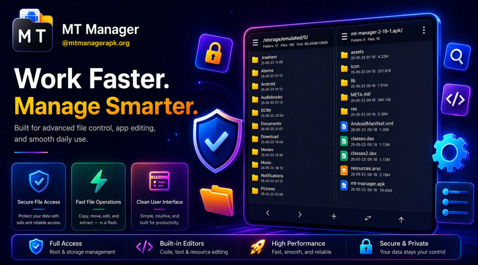 MT Manager MOD APK homepage banner showing the APK editor, dual-panel file manager, and Android file management features