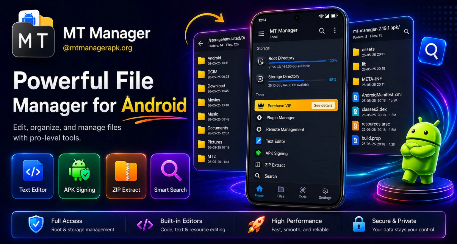 MT Manager MOD APK homepage showing APK editor, file manager, dual-panel interface, and Android app management features