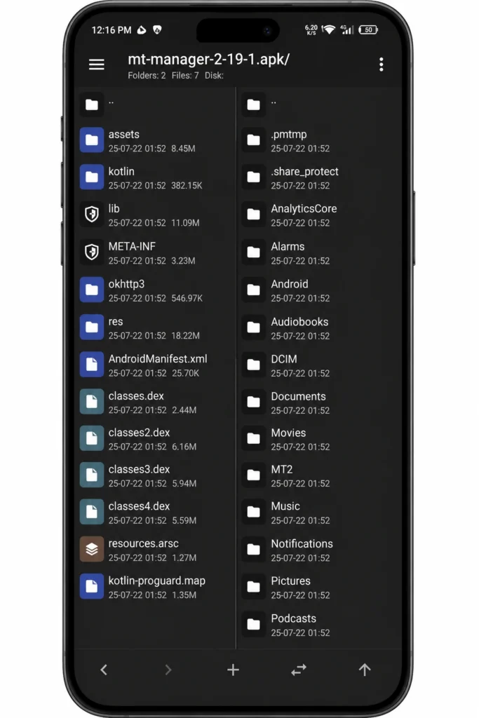 MT Manager file explorer showing Android folders, files, and dual-panel file management interface