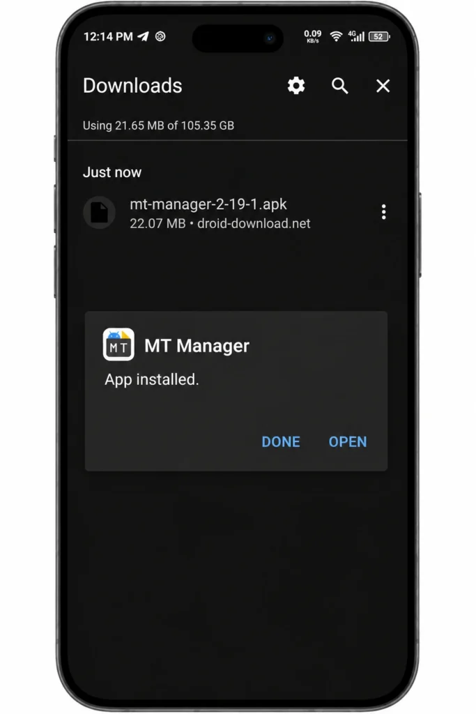 MT Manager APK installation confirmation screen showing the app installer dialog on Android